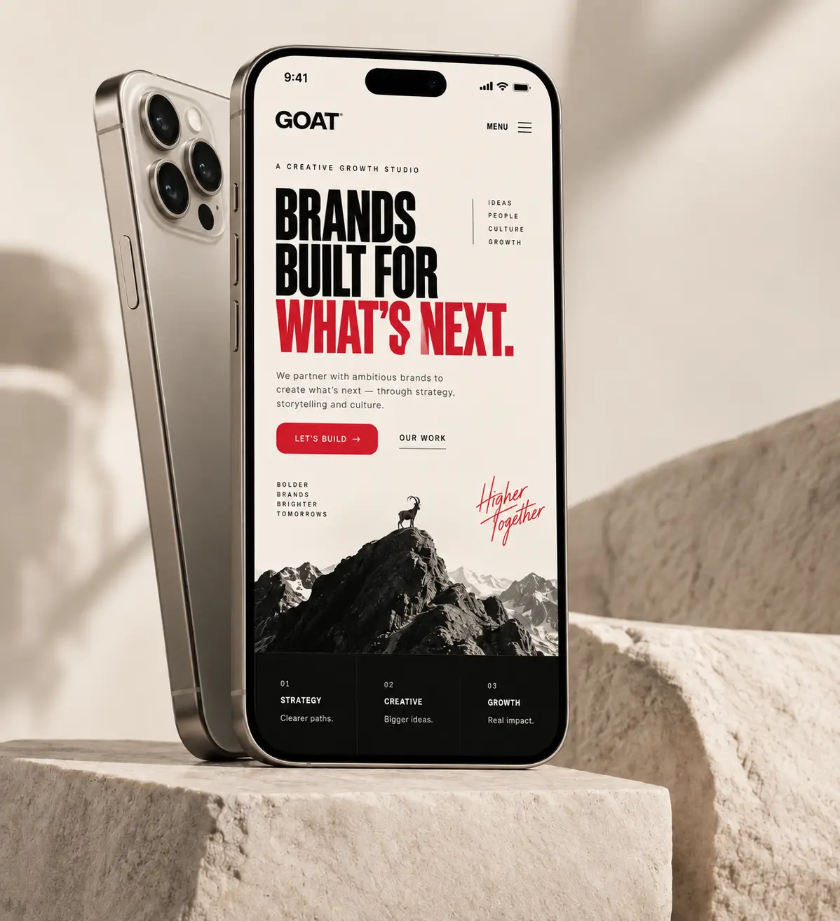Creative growth studio website displayed on a premium mobile phone mockup